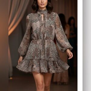 House of Harlow 1960 Boho Long Sleeve Prairie Hi-Neck Ruffle Mini Dress Size 2